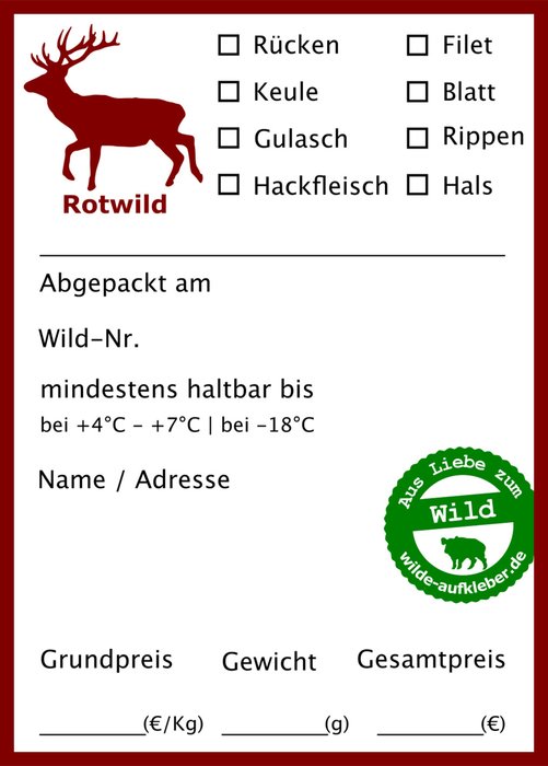 Deep Freezer Game Meat Labels. Text in German