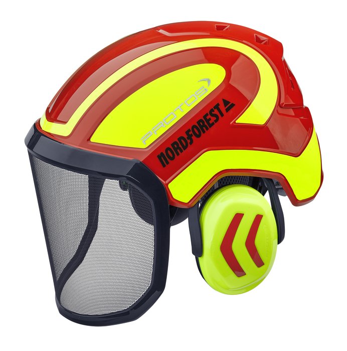 Protos Integral Forest head protection combination in red and neon yellow