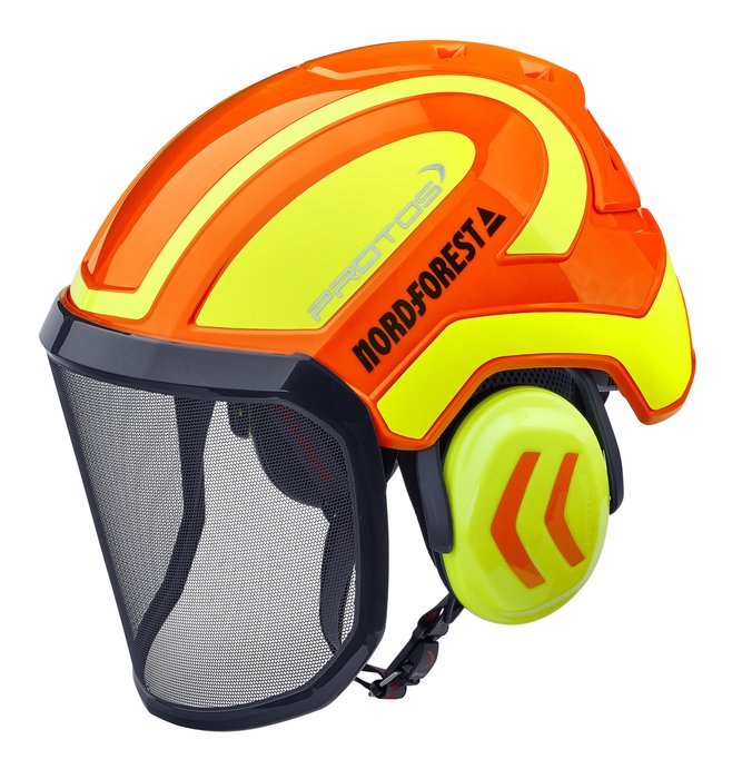 Protos Integral Aborist Head Protection Combination in orange and neon yellow