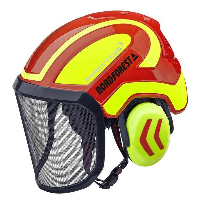 Protos head protection combination in red-neon yellow
