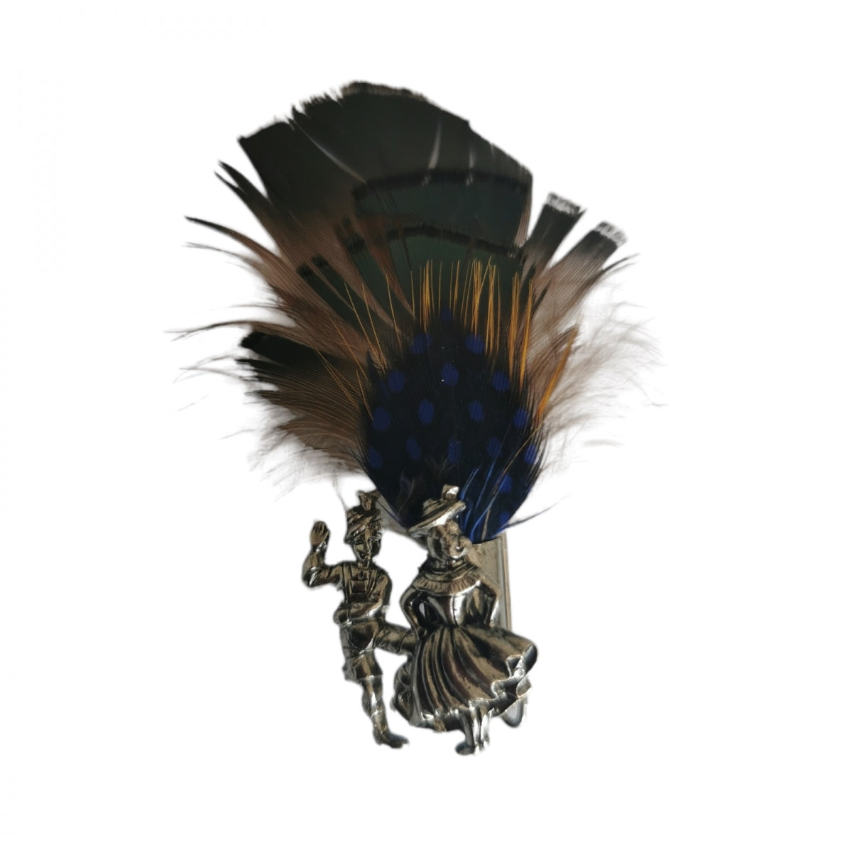 Piespraude ar spalvas un dejojošu pāra motīvu