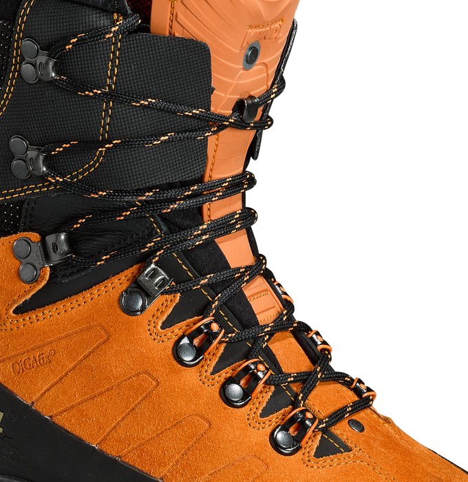 Laces for Meindl Airstream Rock Chainsaw Boots. 210 cm long. Round. Black-orange.